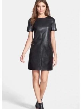 Halogen Black Short-Sleeve 100% Leather Mini Dress